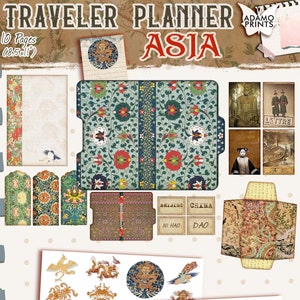 Traveler PLAnner Asia Journal Kit, Carpetas de archivos, Kit de papelería, Inserciones de cuadernos de viajero, Hojas de collage, Planificador de efímeras