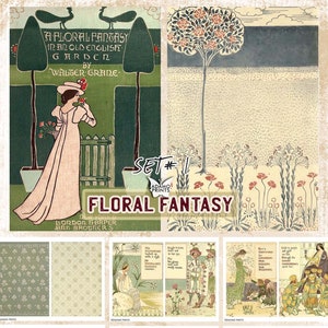 Fantasía floral en un antiguo jardín inglés, Walter Crane, Imágenes digitales, Mujeres, Arte vintage, Página de libro, Arte efímero, Jardín de álbumes de recortes