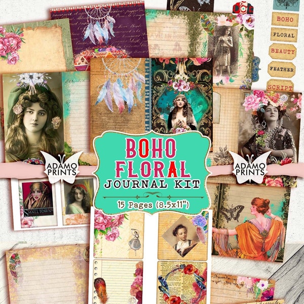 Boho Floral Journal Kit, Journal Tags, Boho Bild, Collage Sheets, Digitales Boho Papier, Printable Journal Kit, Boho Art