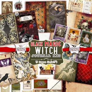 Kit de diario de bruja mágica negra, página de diario, terror, papel digital, hojas de collage, efímera, kit de diario imprimible, kit de álbum de recortes