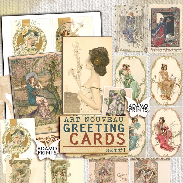 Art Nouveau Greeting Cards Set1, Digital Images, Vintage Art, Collage, Journal Cards, Ephemera Classic, Scrapbook Kit, Postcards Digital