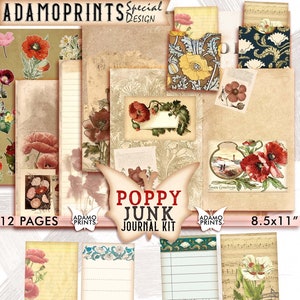 Poppy Junk Journal Kit, Taschenanhänger geladen, Ephemera Journal, Verzierungen, druckbares Journal Kit, Scrapbook Blume, Vintage Natur