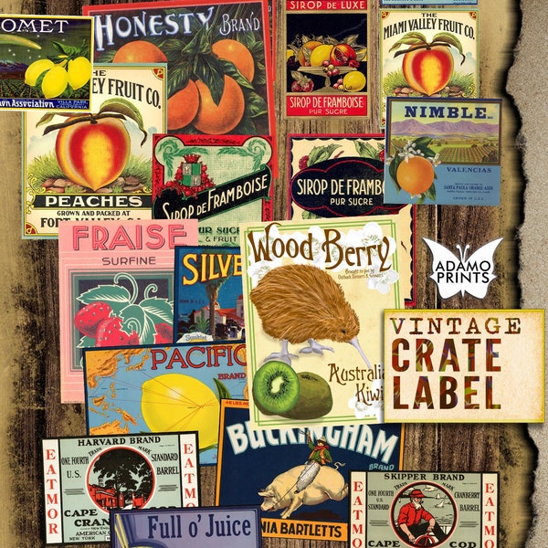 Vintage Crate Label, Digital Labels, Collage Sheet, Embellishments, Junk Journaling Kit, Digital Kit, Ephemera Labels, Journal Labels