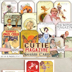 Cutie Magazin Shabby Karte, Journal Karten, Vintage Tags, Collage Sheet, Ephemera Klassiker, Junk Journal Kit, druckbares Bild, Kinder Kunst
