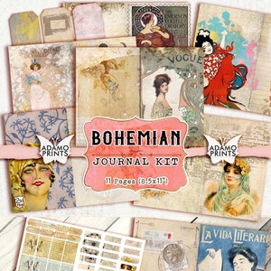 Kit de diario boho, forrado y en blanco, página de diario, etiquetas, imagen boho, hojas de collage, papel boho digital, kit de diario imprimible, arte boho