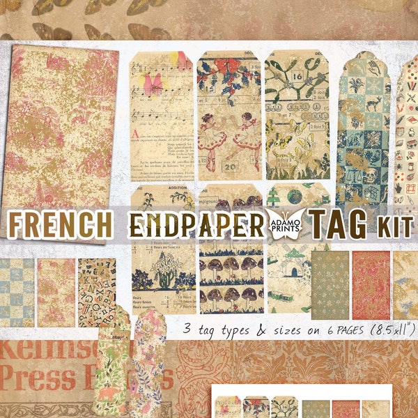 Français End Paper Grunge Tag Kit, Digital Tag, Victorian, Ephemera Tag, Printable Tag, Scrapbook Kit, Journal Kit, vintage Wallpaper Tag