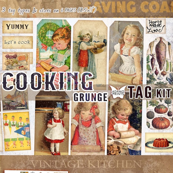 Cooking Grunge Tag Kit, Digital Tag, Ephemera Pack, Vintage Art, Ephemera Tag, Printable Tag, Scrapbook Kit, Journal Kit, Vintage Kitchen