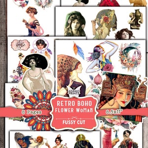 Retro Boho Flor Mujer Fussy Cut, Boho, Mujeres Gitanas, Arte Alterado Digital, Álbum de Recortes, Imágenes Digitales, Diario Basura, Efímera, Vintage