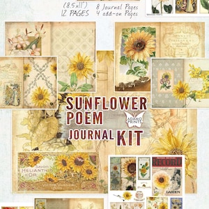 Kit de diario de poemas de girasol, página de diario, flor efímera, adornos, kit de diario imprimible, plantas de álbum de recortes, naturaleza vintage