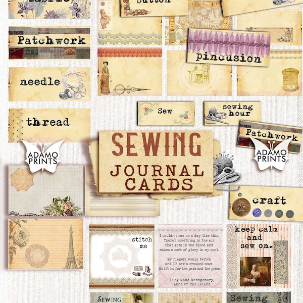 裁縫ジャーナルカード、ジャンクジャーナルの単語、ジャーナルプロンプト、定義、ミックスメディア、スクラップブッキング、印刷可能、エフェメラ