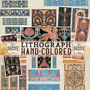 May include: A collection of 16 vintage hand-colored lithographs featuring intricate floral and geometric patterns. The designs are in shades of blue, green, red, yellow, and gold. The title "Lithograph Hand-Colored" is displayed in the center of the image. The text "Adamo Prints" appears twice on the image.
