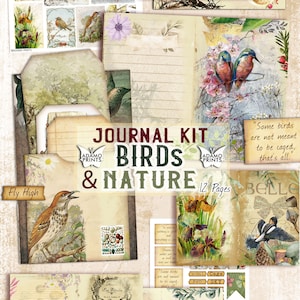 Oiseaux & Nature Journal Kit, Journal Page, Collage Sheets, Botanical, Ephemera, Printable Journal Kit, Scrapbook Animals, vintage Journal Kit image 1