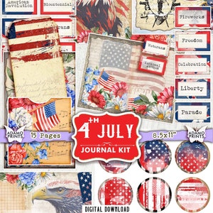 Kit de diario del 4 de julio, Día de la Independencia, Página del diario, En blanco y forrado, Papel patriótico, Bandera de EE. UU., Kit digital, Efímera, Diario imprimible