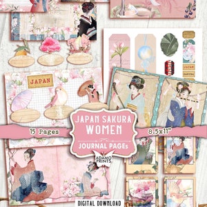 日本桜女性ジャーナルキット、日本のジャーナルページ、桜、アジアジャーナルパック、デジタル、エフェメラジャーナル、スクラップブックジャパン
