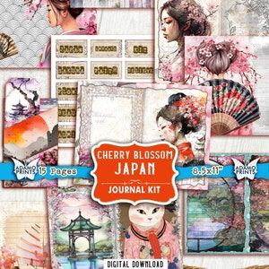 日本桜ジャーナルキット、日本のジャーナルページ、桜、アジアジャーナルパック、デジタル、エフェメラジャーナル、スクラップブック日本、日本の女性