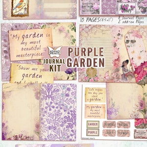 Kit de diario de jardín púrpura, página de diario, flor, diario efímero, adornos, kit de diario imprimible, jardín de álbumes de recortes, naturaleza vintage