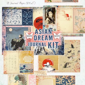 Kit de diario de sueños asiáticos, página de diario japonés, paquete de diario asiático, kit de diario basura digital, diario de efímeras, álbum de recortes Japón Vintage