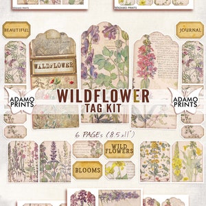 Wildflower Tag Kit, Digital Tag, Digital Wildflower, Ephemera Tag, Printable Tag, Scrapbook Kit, Journal Kit, Vintage Wildflower Tag