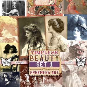 Timeless Beauty Set1, Fotos, Mujeres Victorianas, Clásicos Efímeros, Kit de Diario Basura, Imágenes Digitales, Arte Vintage, Collage Digital, Álbum de Recortes
