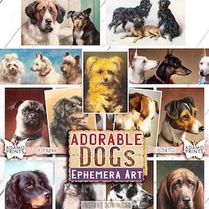 Schattige honden, Ephemera Kit, kaarten, afdrukbare afbeeldingen, vintage kunst, ATC, digitale collage, Ephemera Digital, dier, Scrapbook, downloaden