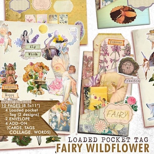 Flor silvestre de hadas, etiquetas de bolsillo cargadas, kit de diario basura, collage, adornos, kit de diario imprimible, plantas de álbum de recortes, etiquetas vintage