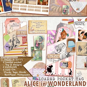 Alice in Wonderland Loaded Pocket Tag, Fairy Digital, Junk Journal Kit, Versieringen, Afdrukbare Journal Kit, Scrapbook Fairy, Vintage Tags