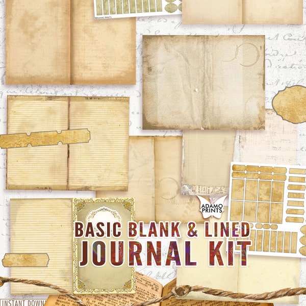 Basic Blank & Lined Journal Kit, Journal Page, Coffee Dyed, Printable Paper, Digital Kit, Writing Paper, Ephemera Journal, Vintage