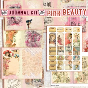 Kit de diario de belleza rosa, kit digital para mujeres, efímera, página de diario, adornos de diario, papel imprimible, kits de álbumes de recortes, tarjetas