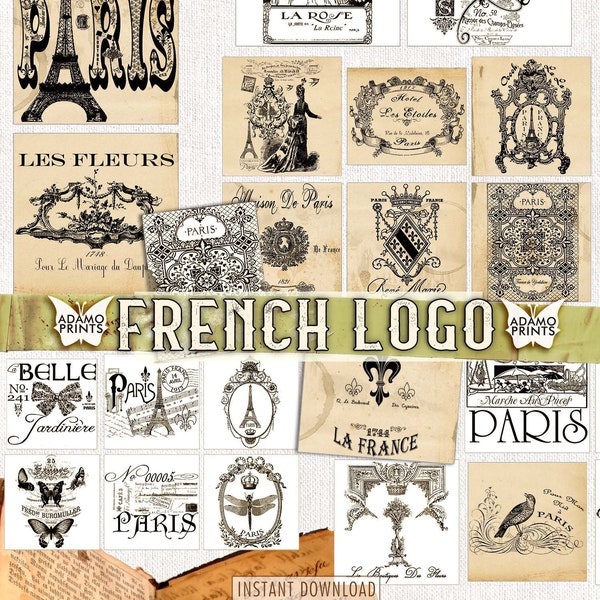 French Logo, Printable French, Ephemera Kit, Digital Images, Junk Journal, Collage Sheet, Scrapbook Ephemera, Embellishment, Journal Logo