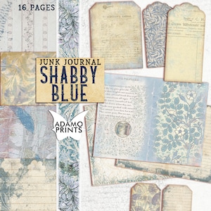 Shabby Blue, Junk Journal Kit, Journal Page, Collage Sheets, Botanical, Ephemera, Printable Journal Kit, Scrapbook Plants, Vintage Art