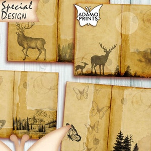 Nature Journal Pages Set2, Collage Sheet, Coffee Dyed, Printable Ephemera, Grunge, Tree, Butterfly, Owl, Deer, Printable Paper, Book