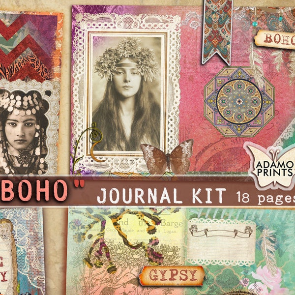 Gypsy Boho, Junk Journal Kit, Journal Page, Tags, Bohemian Images, Collage Sheets, Digital Rose Paper, Printable Journal Kit, Boho Art