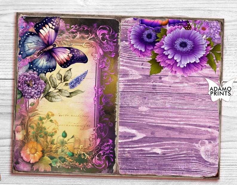 Purple Butterfly Junk Journal Pages Floral Journal Kit Garden Flower ...