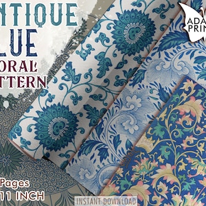 Antique Blue Floral Pattern, Junk Journaling Kit, Paper for Journal Kit, Wallpaper Digital, Digital Paper, Printable Background, Scrapbook