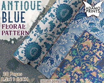 Antique Blue Floral Pattern, Junk Journaling Kit, Paper for Journal Kit, Wallpaper Digital, Digital Paper, Printable Background, Scrapbook