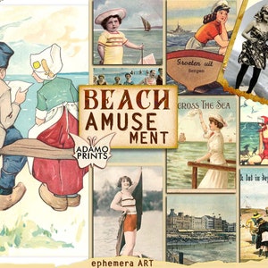 Beach Amusement, Vintage Art, Antique Photo, Ephemera Classic, Children, Women, Digital Collage, Art Ephemera, Junk Journal, ATC, Download
