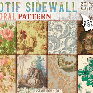 Patrón floral de pared lateral con motivo, kit de diario basura, papel para kit de diario, fondo de pantalla digital, papel digital, fondo imprimible, álbum de recortes