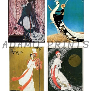 May include: Four vintage Vogue magazine covers featuring illustrations of women in various poses. The covers are from the 1920s and feature a peacock, a woman with a bouquet of flowers, and a woman in a flowing gown.