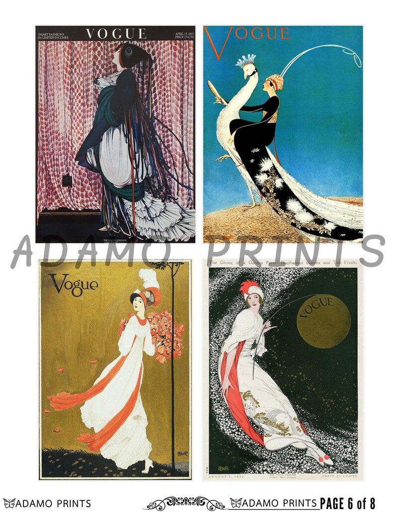 May include: Four vintage Vogue magazine covers featuring illustrations of women in various poses. The covers are from the 1920s and feature a peacock, a woman with a bouquet of flowers, and a woman in a flowing gown.