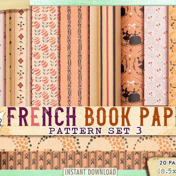 French Book Paper Pattern Set3, Cover Journal, Shabby Chic Paper, Paper Journal Kit, Wallpaper Digital, Digital Paper, Printable Background