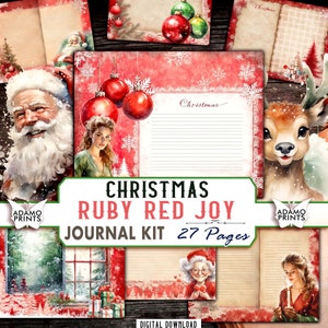 Zestaw do dziennika „Rubinowa radość” na Boże Narodzenie Strony dziennika „Digital Santa” do druku na Boże Narodzenie Papiery do dziennika „Ephemera” na święta Vintage Grudzień