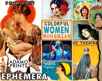 Colorful Bohemian Women, Digital Images, Boho, Vintage, Classic, Digital Ephemera, Bohemia, Vintage Art, Digital Collage, Junk Journal Kit