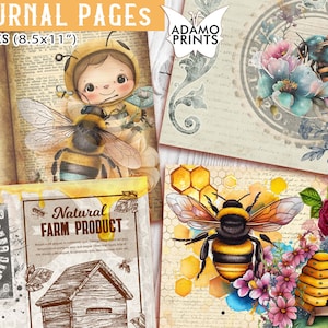 Royal Bee Journal Pages, Zestaw do dziennika, Vintage Honey Bee, Arkusze kolażowe, Busy Bee, Zestaw do dziennika Ephemera, Papier do druku, Album ze zdjęciami Nature
