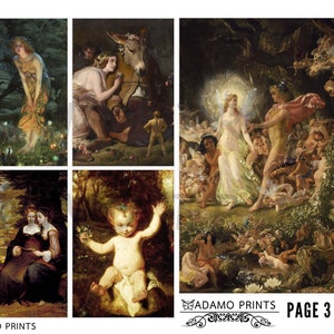 May include: A collection of four vintage paintings depicting scenes from mythology and folklore. The paintings feature figures in lush forest settings, with vibrant colors and intricate details.