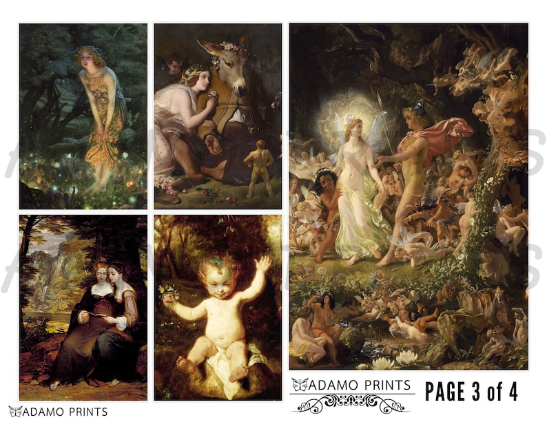 May include: A collection of four vintage paintings depicting scenes from mythology and folklore. The paintings feature figures in lush forest settings, with vibrant colors and intricate details.