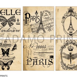 May include: Six vintage-style printable images featuring Parisian themes. The images include the Eiffel Tower, butterflies, a dragonfly, and text in French and English. The images are in black and white and have a distressed, aged look.