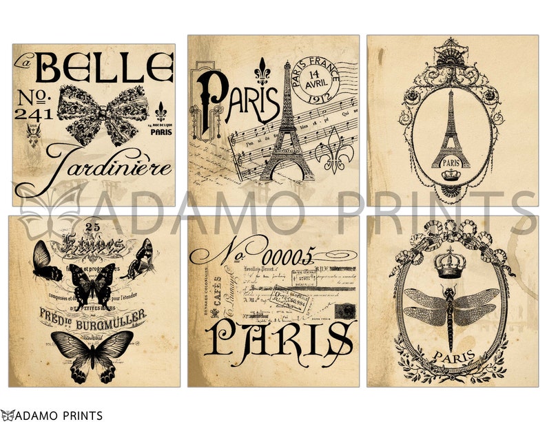 May include: Six vintage-style printable images featuring Parisian themes. The images include the Eiffel Tower, butterflies, a dragonfly, and text in French and English. The images are in black and white and have a distressed, aged look.