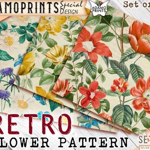 Retro Flower Pattern Set1, Junk Journaling Kit, Papier voor Journal Kit, Wallpaper Digital, Digitaal Papier, Afdrukbare achtergrond, Scrapbook