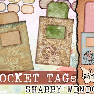 Shabby Window Pockets Tags, Shabby Chic, Junk Journal Kit, Ephemera Flower, Junk Journaling Paper, Printable Tags, Floral Junk Journal