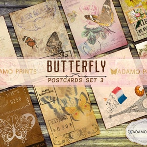 Junk Journal Ephemera, Butterfly Ansichtkaarten Set3, Digitale Kit, ATC, Afdrukbare Ephemera, Vintage, Postkaart, Collageblad, Download